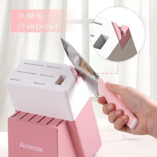 Knife Set Kitchen Knives Set with Block and Sharpener 15 Pcs German Stainless Steel Sharp Blade Dishwasher Safe with Ergonomic Handle (Crystal Pink)