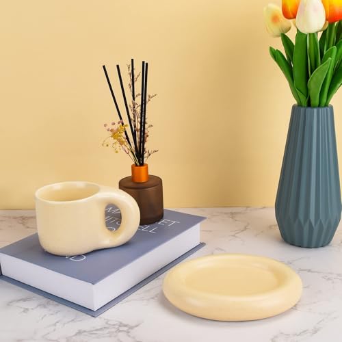 10oz Chubby Handle Ceramic Mug Set With Saucer (Milky Apricot)