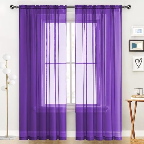 Sheer Voile Window Treatment Rod Pocket Curtain Panels for Kitchen Bedroom Living Room Drapes Sunlight Filtering Privacy Semi Home Decor Assorted (Purple / 52"W x 45"L (Pack of 2))