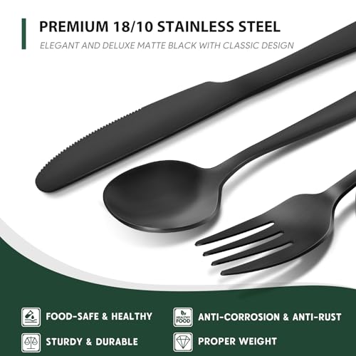 48 Piece Matte Black Silverware Set with Steak Knives