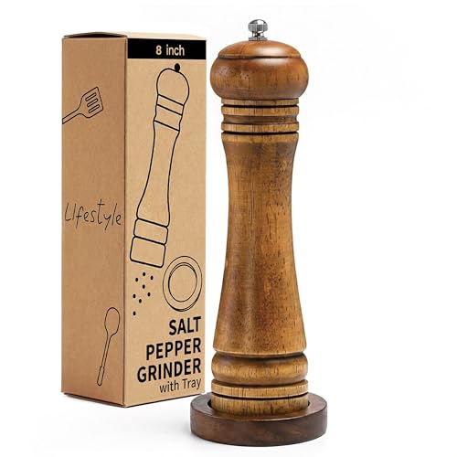 Wood Salt and Pepper Grinder (8 Inches-1 Pack with Tray)