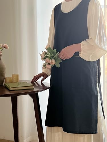 Japanese Cotton Linen Cross Back Work Apron for Women with Pockets Pinafore Dress Smock (02-black)