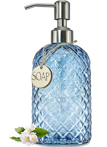 18Oz Gem Patterned Glass Soap Dispenser for Kitchen and Bathroom (Navy Blue)