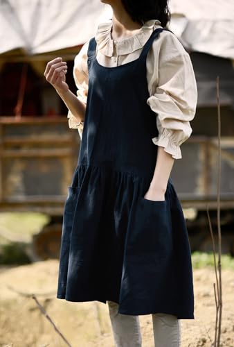 Japanese Cotton Cross Back Pinafore Apron for Women with Pockets Navy (12 - Navy Blue With Waist Ties)