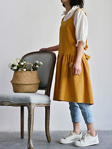Japanese Cotton Cross Back Pinafore Apron for Women with Pockets Mustard (11 - Bright Yellow With Waist Ties)