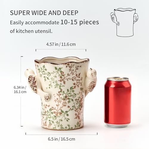 6.34'H Utensil Holder for Kitchen Counter (Green and Beige- 2 Birds)