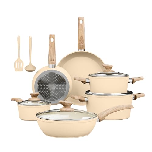 Beige Pots and Pans Set Non Stick (Beige / 12 PCS Cookware Set)