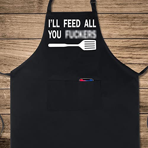 100% Cotton Funny Apron I'll Feed All You with 2 Pockets Kitchen Cooking Adjustable Chef Aprons Gifts for Men Women Friends Brothers Father's Day Mother's Day (I'll Feed All You)