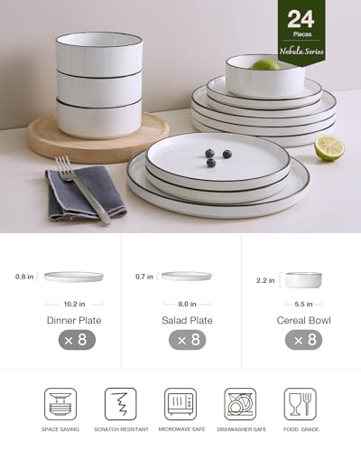 Nebula 24 Piece Dinnerware Set (White with Black Rim / Service for 8 (Standard Dinner Set))