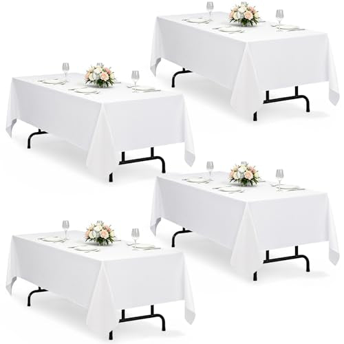 Washable White Table Cloths for 4 Ft Rectangle Tables (White / 84" x 60"-4 Pack)