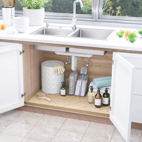 Waterproof Under Sink Mat 31" x 22" Kitchen Cabinet Liner Silicone (Beige / 31"W x 22"L)