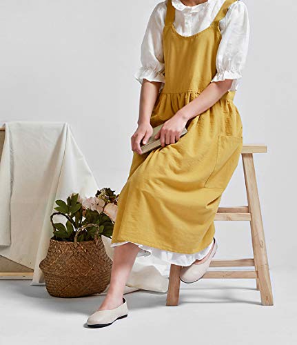 Japanese Cotton Cross Back Pinafore Apron for Women with Pockets Yellow (02 - Bright Yellow Without Waist Ties)