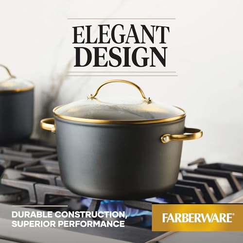 Forged Induction Ceramic Nonstick Cookware Stockpot with Lid (Black and Gold / 6 Quarts)