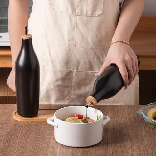 Sweejar Matte Ceramic Olive Oil Dispenser Bottles with Bamboo Tray (Black & Tary / 17 Oz (Pack of 2))