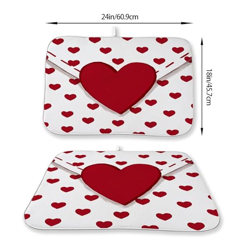 Valentines Dish Drying Mat 18x24 Inch Red Hearts Dish Drainer Protector Pad for Kitchen Counter Absorbent Holiday Love Drying Pad for Drainer Rack Kitchen Fast Dry (Red Hearts-2 / 18" x 24")