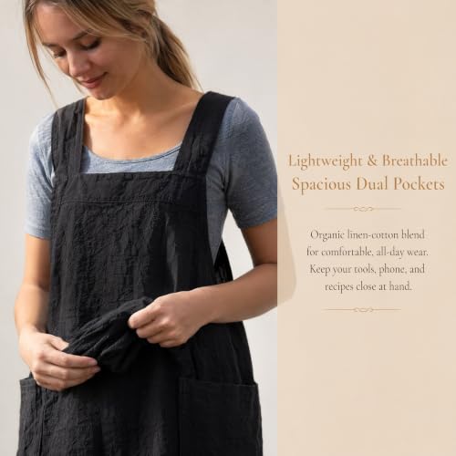 Cross Back Linen Cotton Apron with Pockets (3X-Large / Black)