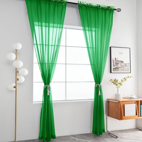 Solid Sheer Rod Pocket Curtain Voile Draperies 2 Panels White Beige Black Grey Coffee 52 Inch Width 63 Inch Long 1 Pair for Kitchen Bedroom Children Living Room Yard (Green / 52"W x 63"L (Pack of 2))
