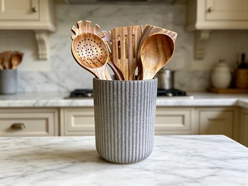 Large Stoneware Kitchen Utensil Holder for Kitchen Counter & Countertop Cooking Utensil Holder Spatula Holder Utensil Crock for Kitchen Counter Vertical Ribbed Fluted Stripe (Marble Grey)