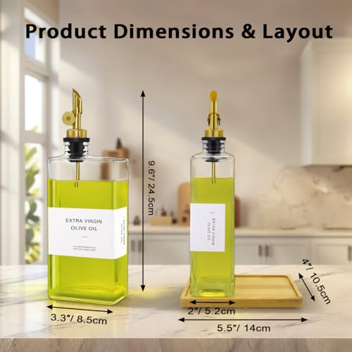 Olive Oil Dispenser Bottle for Kitchen with Bamboo Tray (Clear / 16.9oz, Set of 2)