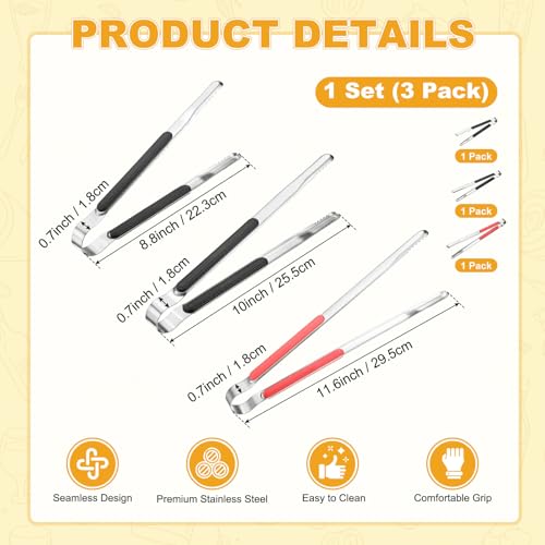 3 Pack Grill Tongs (Red, Black / 8.8/10/11.6 Inch)