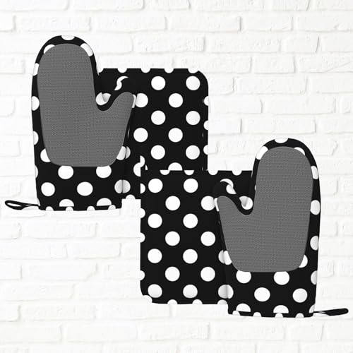 Black White Retro Polka Dot Oven Mitts and Pot Holders Sets of 4 (Black White Retro Polka Dot)