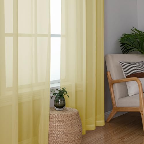 Yellow Short Sheer Curtains 45 Inch Length for Small Windows (Yellow / 42"W x 45"L (Pack of 2))