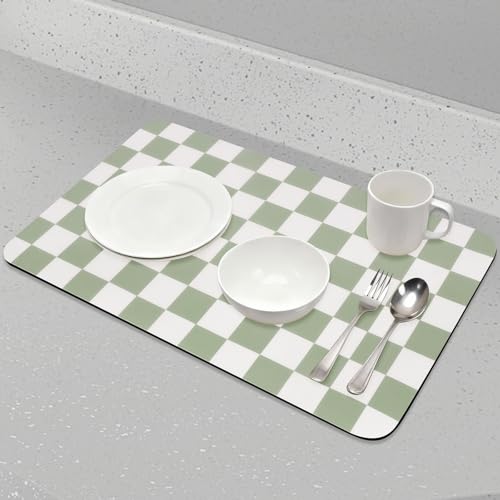 Checkered Dish Drying Mat for Kitchen Counter (Green / 24" x 16")