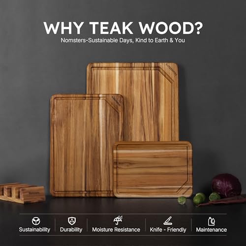 3 Pack Teak Wood Cutting Boards for Kitchen Wood Charcuterie Board Non Slip (Set of 3 with Holder)