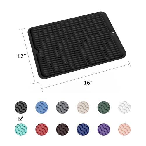 Silicone Dish Drying Mat for Kitchen Counter (Black / 16" x 12")