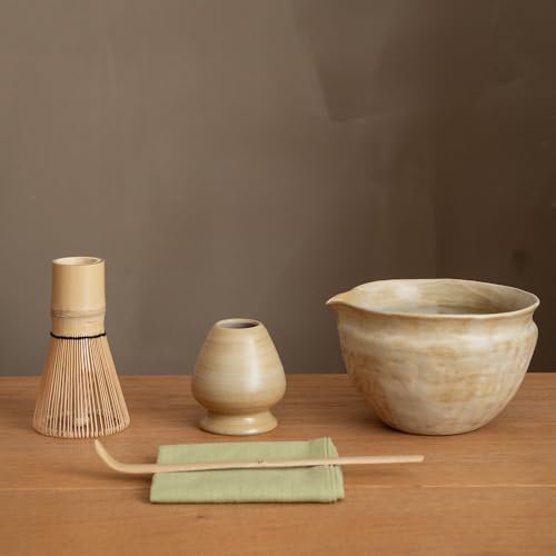 Matcha Set with Handmade Ceramic Bowl & Bamboo Whisk (Sandstone Reactive Glaze)