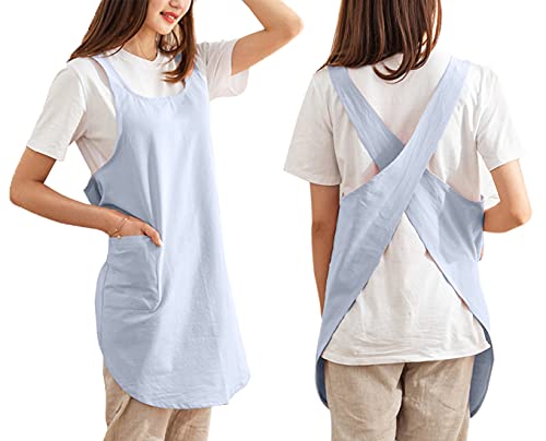 Cotton Cross Back Aprons Solid Color Cooking Kitchen Garden Smock for Women Girls with Pockets (Blue / 37W x 32L)