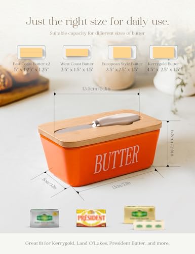 Ceramic Butter Dish with Lid and Knife Silicone Seal for Countertop Orange (Orange)