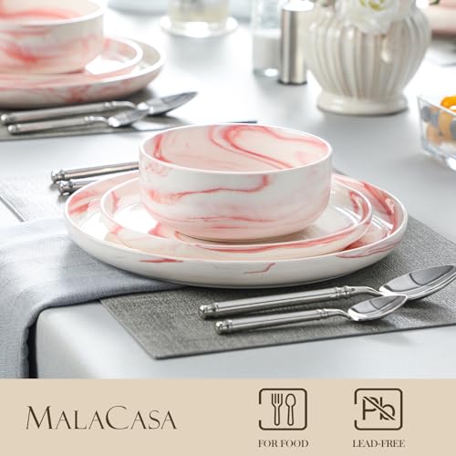 12 Pcs Porcelain Plates and Bowls Sets (Marble Pink / 12 Pcs (Service for 4))