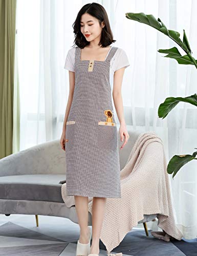 100% Cotton Cute Gingham Apron with Pockets (#2 Korean Style Coffee Gingham Doggy)