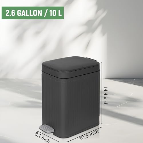 Small Bathroom Trash Can with Lid Slim Soft Close Garbage Can Step Wastebasket Container Trash Bin for Office Bedroom Kitchen Living Room (2.6 Gallon / Dark Gray)