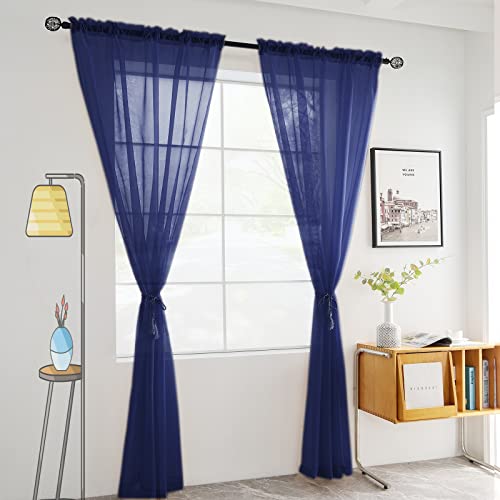 Sheer Voile Window Treatment Rod Pocket Curtain Panels for Kitchen Bedroom Living Room Drapes Sunlight Filtering Privacy Semi Home Decor Assorted Colors Sizes (Navy / 52"W x 63"L (Pack of 2))
