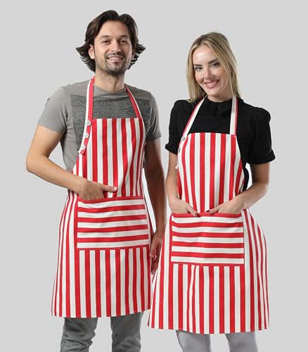 Kitchen Apron Cotton Waterdrop Resistant Adjustable Button Women Men (Red)