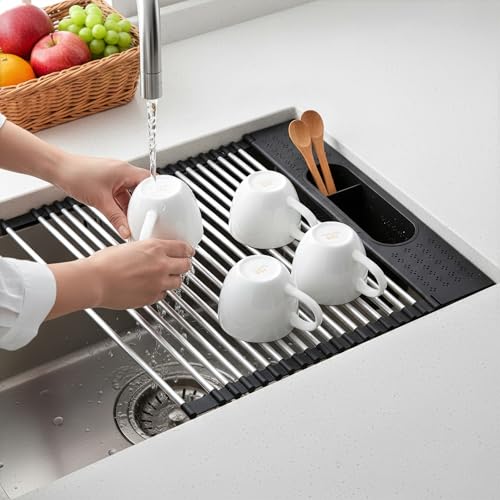 Roll Up Dish Drying Rack Over Sink (Black（17.5" X 15.2"）)