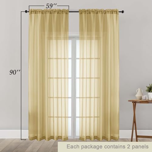 Gold Sheer Curtains 90 Inches Long 2 Panels Set for Bedroom Living Room (Gold / 59"W x 90"L (Pack of 2))