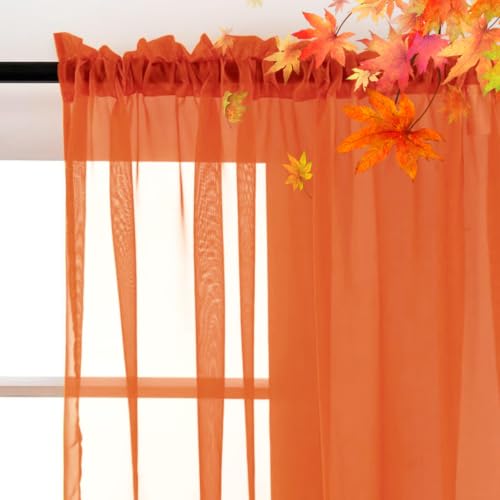 Sheer Voile Window Treatment Rod Pocket Curtain Panels for Kitchen Bedroom Living Room Drapes Sunlight Filtering Privacy Semi Home Decor Assorted (Burnt Orange / 52"W x 96"L (Pack of 2))