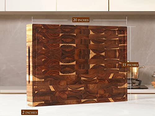 Acacia End Grain Wood Cutting Board 20x15x2 In Thick Butcher Block (20"L x 15"W)
