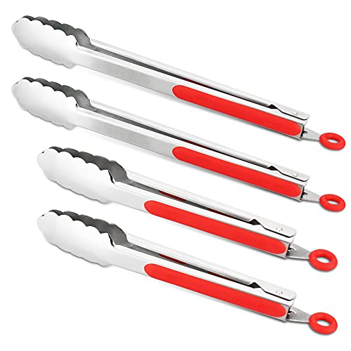 304 Stainless Steel Locking Kitchen Tongs (9" & 9" & 12" & 12" / Red)