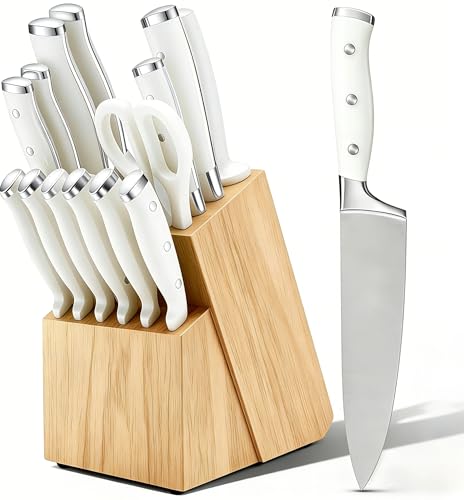 Knife Set 15 Piece Premium Chef High Carbon Stainless Steel Kitchen Knife Block Set (White)