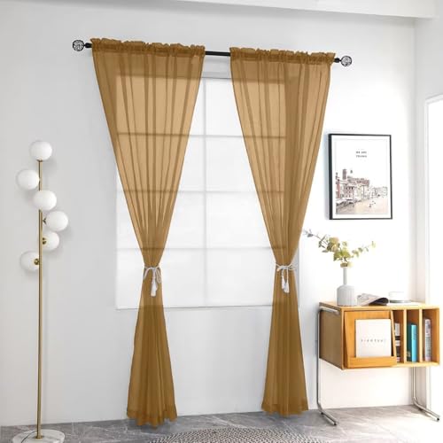 Solid Sheer Rod Pocket Curtain Voile Draperies 2 Panels White Beige Black Grey Ivory 52 Inch Width 45 Inch Long 1 Pair for Kitchen Bedroom Children Living Room Yard (Light Brown / 52"W x 45"L (Pack of 2))