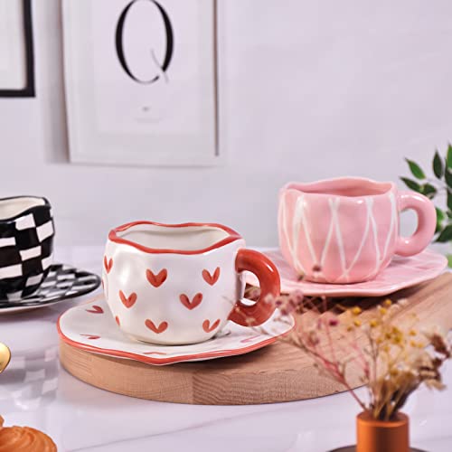 10oz Irregular Ceramic Mug With Saucer (Red Heart)