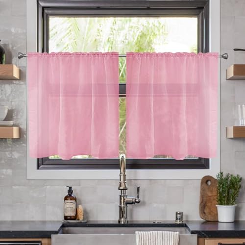 Solid Sheer Rod Pocket Curtain Voile Draperies 2 Panels White Beige Black Ivory Coffee 22 Inch Width 40 Inch Long 1 Pair for Kitchen Bedroom Children Living Room Yard (Light Pink / 22"W x 40"L (Pack of 2))