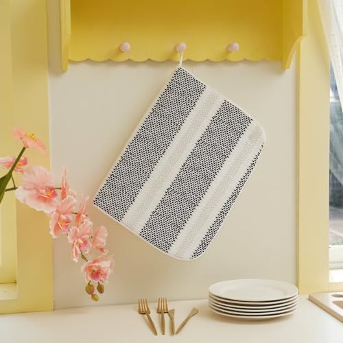 Boho Black Dish Drying Mat 18 x 24 inch Modern Geometry Polka Dot Striped Decorative Drying Mats Microfiber Absorbent Dish Washable Draining Mat for Kitchen Counter Decor (18" x 18" / Black Striped)