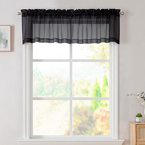 Black Valances 14 Inches Long for Living Room Pocket 2 Panel Light Filtering Sheer Translucent Valence Toppers for Window Kitchen Bathroom Bedroom 42x14 Inch Length (Black / 42"W x 14"L (Pack of 2))