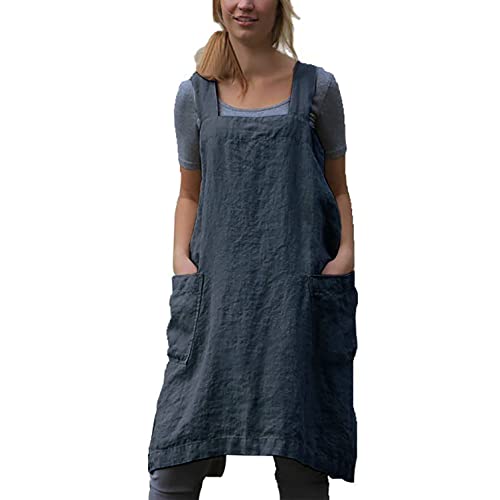Japanese Pinafore Apron Smock Cotton Apron with Pockets Plus Size Aprons for Women (Dark Grey / 3X-Large)