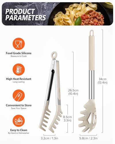 Silicone Spaghetti Spoon & Pasta Tong (Khaki)
